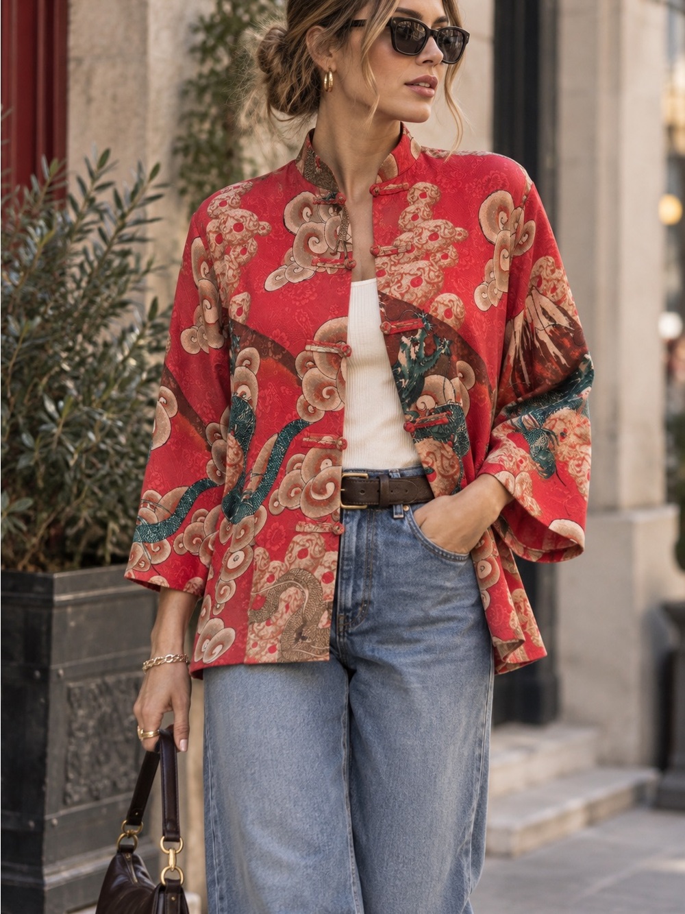 Vintage Aris. A 100% Silk Dragon Blouse L Mandarin Collar Frog Closure Artsy